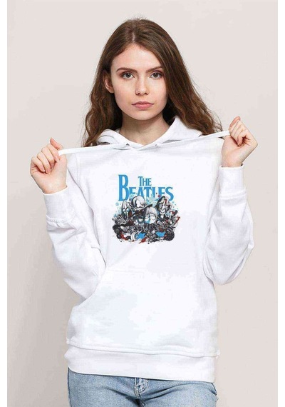 The Beatles Baskılı Beyaz Kadın Kapşonlu Sweatshirt (534773381)