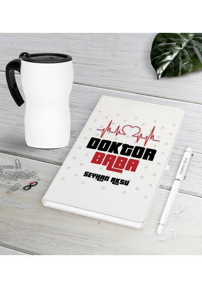 Kişiye Özel Doktor Baba Beyaz Defter Kalem Termos Mug Seti-2