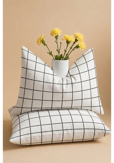 Beyaz Kare Desenli Pamuklu Ranforce Kumaş Fermuarlı Yastık Kılıfı 2 Adet 50x70 Cm Antrasit