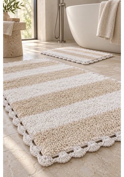 Alanur Bodrum Tufting Cotton Pamuklu El Işi Örgülü 2 Li Paspas 112 Beyaz - Ekru