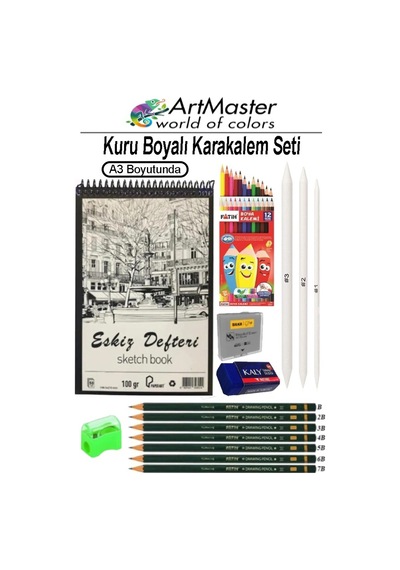 A3 Eskiz Defteri 50 Yaprak Spiralli Kuru Boya Fatih Dereceli Kalem Karakalem Seti Hamur Silgi Gölgelendirme Kalemi