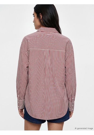 Lcw Vision Mürdüm Çizgili Oversize Poplin Kadın Gömlek