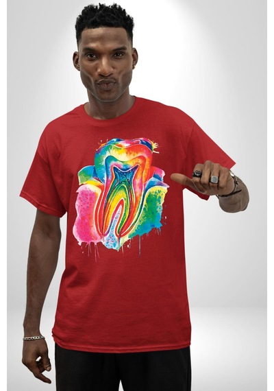 Diş Doktoru Diş Anatomisi Özel Tasarım Pamuklu Bisiklet Yaka Unisex Oversize Boyfriend Dijital Baskılı Kırmızı T-shirt Kırmızı