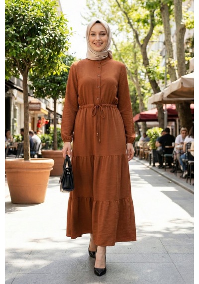 Hb Harma Time Butik Kadın Düğmeli Bağcıklı Taba Tesettür Keten Elbise Taba Taba
