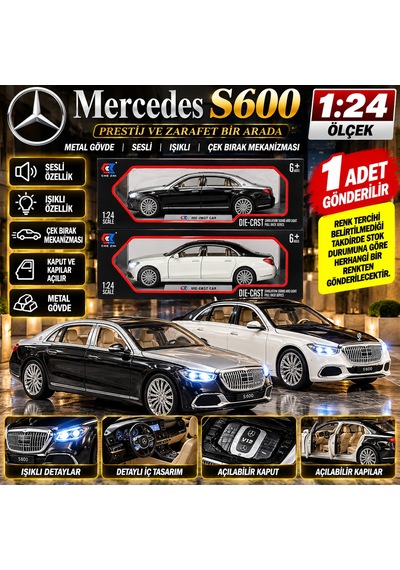 Mercedes S600 Metal 1:24 Ölçek Oyuncak Araba Sesli Işıklı Çek Bırak Makam Aracı 1 Adet