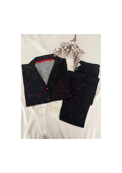 Mh Moony Homewears Kısa Kol Kırmızı Kalp Düğmeli Pijama Takımı Kırmızı