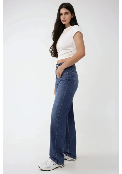 Hiccup Yüksek Bel Straight Kot Pantolon Orta Mavi Denim