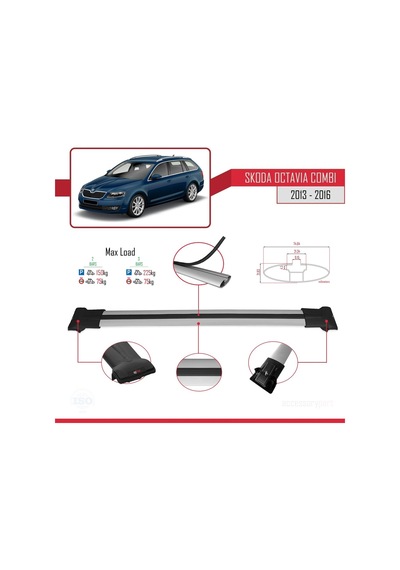 Skoda Octavia Combı 2013-2016 Arası İle Uyumlu Fly Model Ara Atkı Tavan Barı Gri
