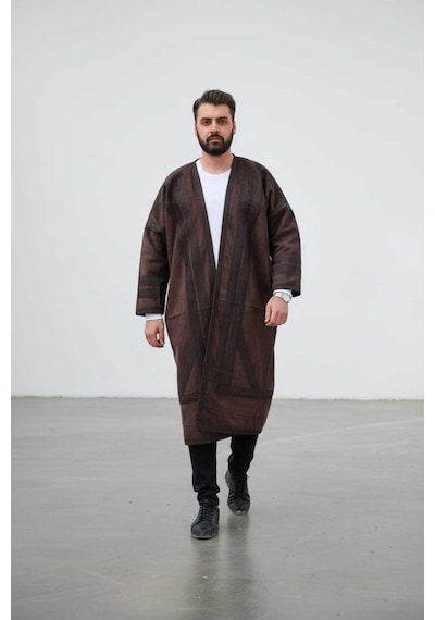 Erkek Uzun Klasik Kürk Palto Görünümlü Kışlık Dış Giyim Unisex Kahverengi