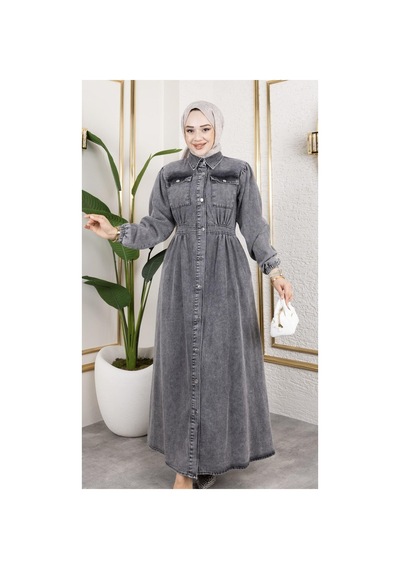 Harman Butik Kadın Düğmeli Cepli Kot Elbise Siyah Siyah
