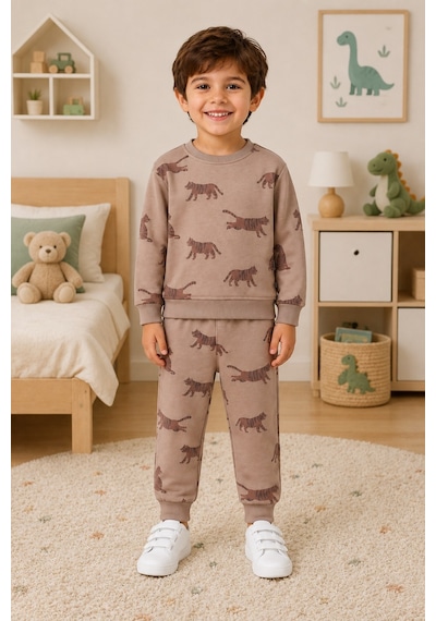 Monox Unisex Şardonlu İçi Polarlı Baskılı 3 İplik Takım Kahverengi