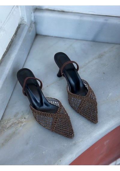Ervanın Butiği Kahve Örgü Leay Lastikli Kadın Stiletto-6146
