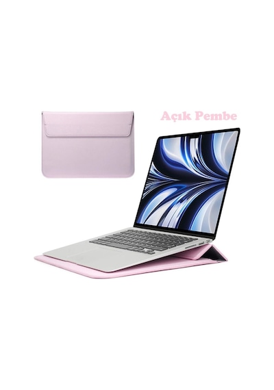 Apple Uyumlu MacBook Air M2 15 Inç 2023 M2 Çip A2941 Deri Mıknatıslı Çanta Stantlı Şık Tasarım Açık Pembe