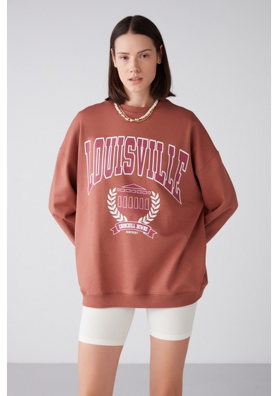 ETHIQUET RA ONA Kadın Oversize Yumuşacık İçi Polarlı Organik Pamuklu Baskılı Yuvarlak Yakalı Kiremit Rengi Sweatshirt