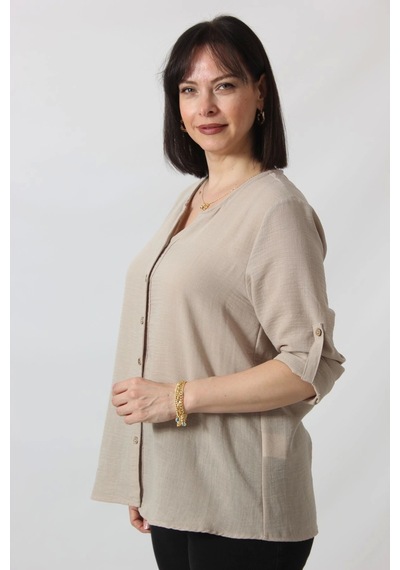Moda Berray Tb-069 Keten Kolu Apoletli Sıfır Yaka Büyük Beden Taş Rengi Gömlek Bej