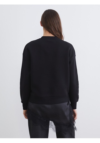 Lcw Vision Siyah Dantel Detaylı Oversize Kadın Kalın Sweatshirt