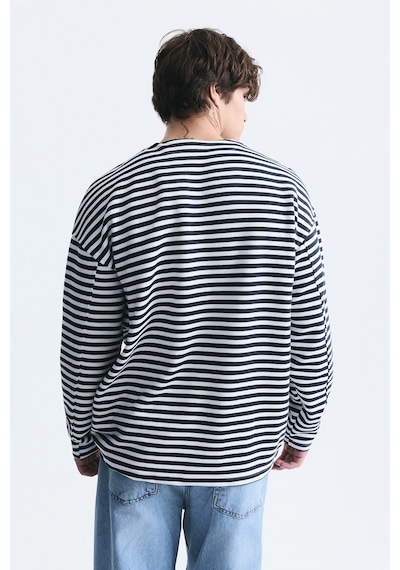 Vamos Oversize Çizgili Sweatshirt Ekru-siyah