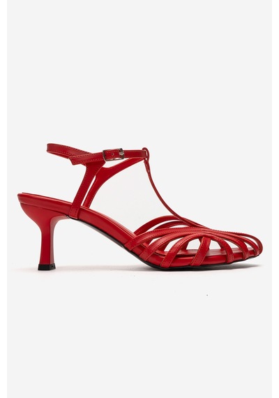 Luvishoes Luvi Shoes Felip Kırmızı Cilt Bantlı Kadın Kısa Topuklu Ayakkabı Kırmızı