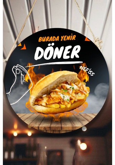 5'li Ahşap Fast Food Kafe & Restoran Duvar Dekoru Seti, Hamburger Tost Patso Döner Sandviç Temalı İpli Pano
