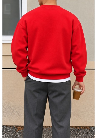 Tarz Cool Erkek 3 İplik Şardonlu Regular Fit Bisiklet Yaka Basic Sweatshirt Kırmızı