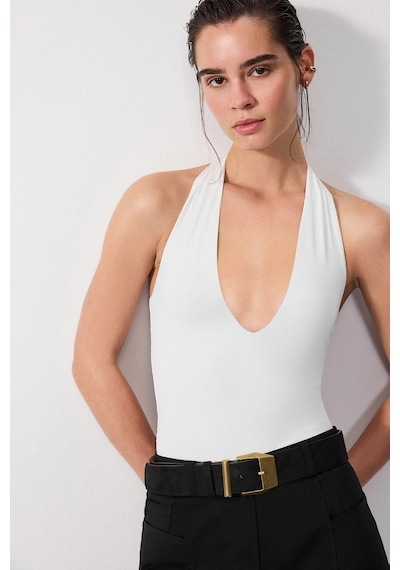 Vatkalı Derin V Yaka Bodysuit-16648 Ekru