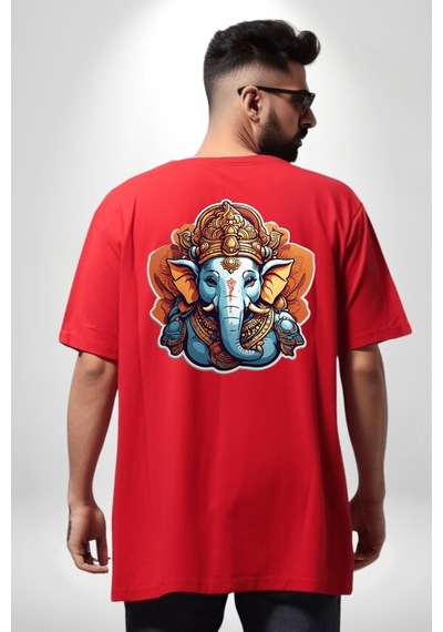 Hindu Fil Bereket Tanrısı Kırmızı Oversize Unisex Ön Ve Sırt Baskılı Tişört Kırmızı