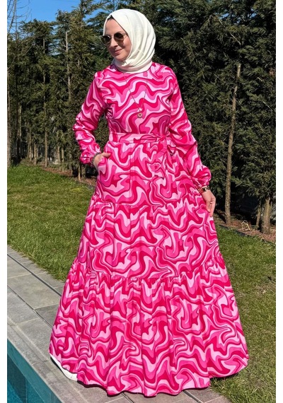 Rabia Şamlı Su Desenli Elbise Pembe Normal