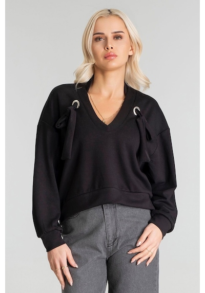 Kadın Modal Cupra Kumaş Kuşgözü Kordonlu Sweatshirt Siyah