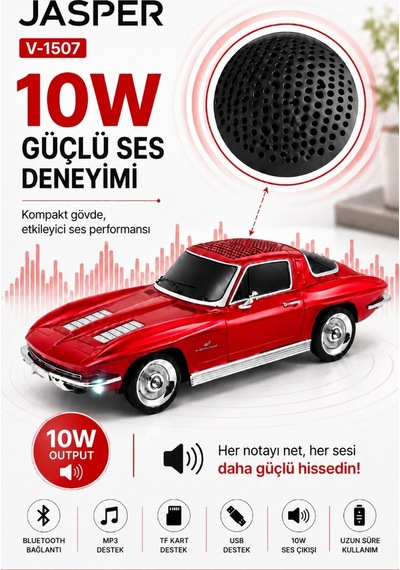 Jasper Jpr-1507 Kırmızı 10w Bluetooth Hoparlörlü Retro Araba Tasarım Fm Radyo, Usb, Tf Kart, Aux Ve Mp3