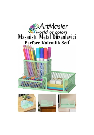 Masaüstü Metal Kalemlik Seti 3 Lü Kombo Açık Yeşil 1 Paket Fileli Perfore Kalemlik Kağıtlık Küpnotluk Düzenleyici Açık Yeşil