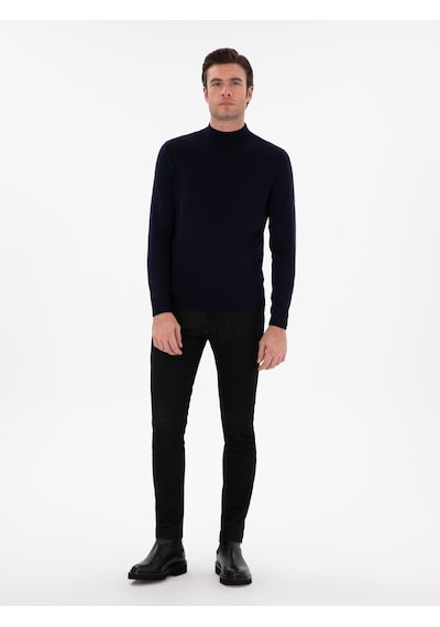 Cacharel Lacivert Slim Fit Yün Karışımlı Yarım Balıkçı Yaka Basic Triko Kazak