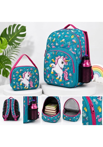 Kız Çocuk Okul Çantası Ve Beslenme Çantası Seti Unicorn -çok Renkli
