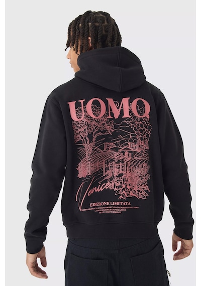Unisex Oversize Uomo Baskılı Kapüşonlu Siyah Sweatshirt Siyah