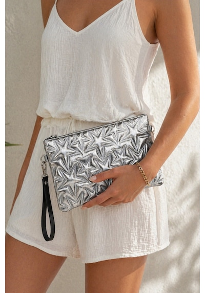 Adelina Bags Yıldız Nakış İşlemeli Portföy El Çantası Bilek Askılı Saten Astarlı Gümüş Clutch Çanta Gri