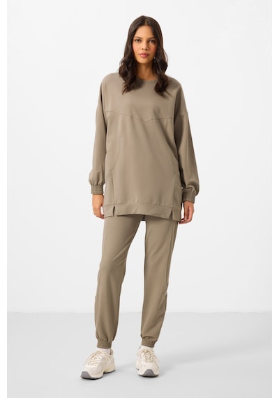 Koyu Bej O Yaka Basic Oversize Kadın Eşofman Tunik Takım - 95347 Bej