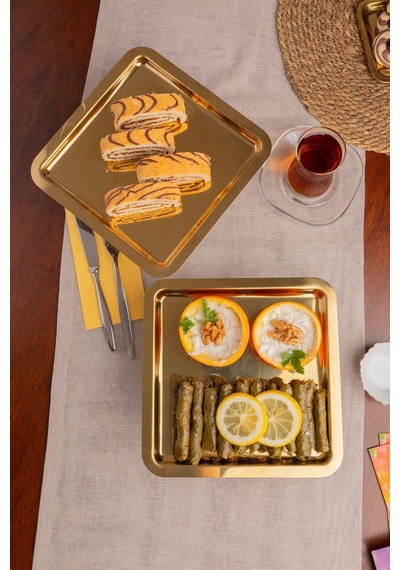 2'li Gold Kare, Ayaklı Şık Kek, Pasta, Kurabiye Ve Tatlı Servis Sunum Standı Gold