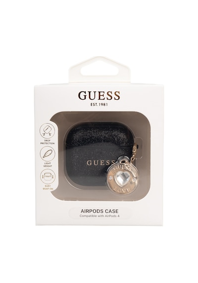 Apple Uyumlu AirPods 4 Kılıf Guess Lisanslı Glitter Elmas Kalp Zincirli Kılıf Siyah