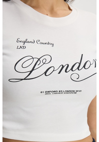 Tudors Kadın Slim Fit Dar Kesim Pamuk Bisiklet Yaka Kısa Kollu Baskılı Ekru Crop Tişört-50532 L