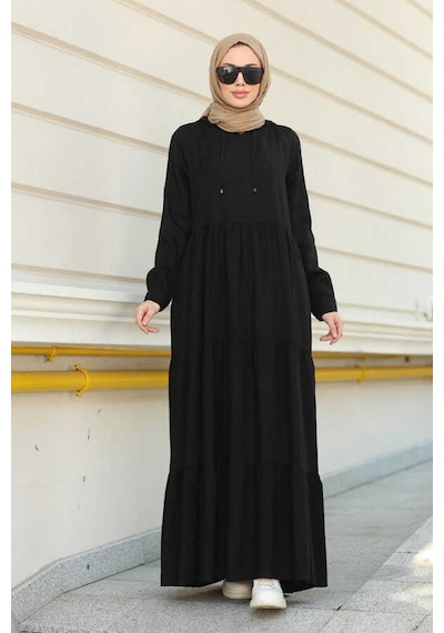 Neways 6531-Krep Kapüşonlu Reglan Kollu Elbise Siyah