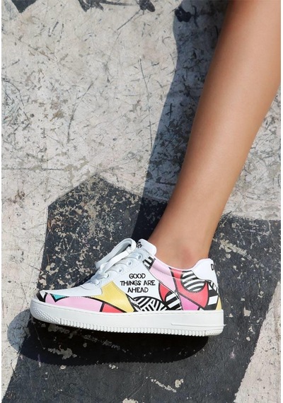 Kadın Vegan Deri Beyaz Sneakers - Painting İn Harmony Tasarım Çok Renkli