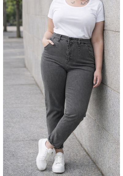Cedy Denim Mom Fit Jean Büyük Beden Yüksek Bel Carrot Kesim Dar Paça Pileli Esnek Kot Pantolon C600 Gri