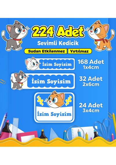 Sevimli Kedi Temalı Okul Kreş Kişiye Özel İsim Etiket Seti - Model 366 Çok Renkli