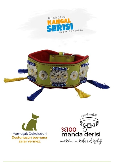 Kangal Malaklı Akbaş Püsküllü Deri Boyun Tasması Yeşil Açık Yeşil