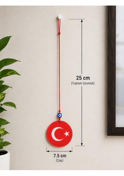Araba Dikiz Ayna Süsü Türk Bayraklı Çift Taraflı Cam Nazar Boncuklu 25 Cm