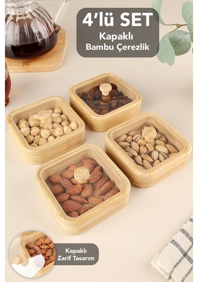 4'lü Kapaklı Bambu Çerezlik Seti - Kahve Yanı Sunum Kasesi Sunumluk Kahvaltılık Bambu Kase Bej