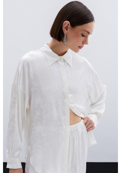 Sateen Jakarlı Saten Gömlek - Ekru-136040 Ekru