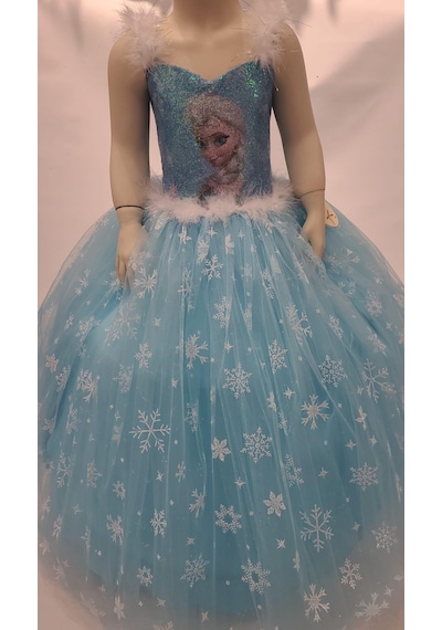 Okay Kız Çocuk Tarlatanlı Simli Frozen Abiye-8076-mavi Mavi