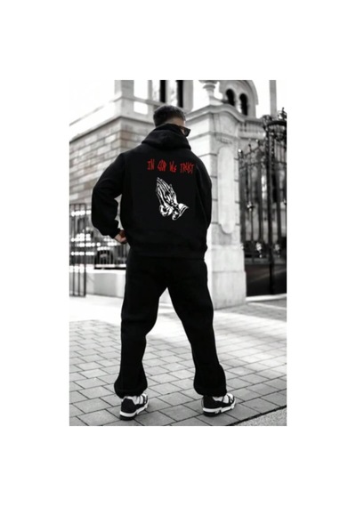 Altamira Erkek Siyah Sırt God We Baskılı Oversize Kapşonlud Sweatshirt 001