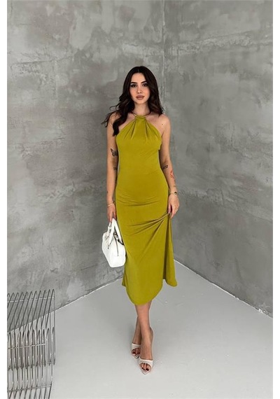 Neşeli Butik Kadın Yeşil Sırt Dekolteli Metal Yaka Midi Elbise Nbk4543 Yeşil
