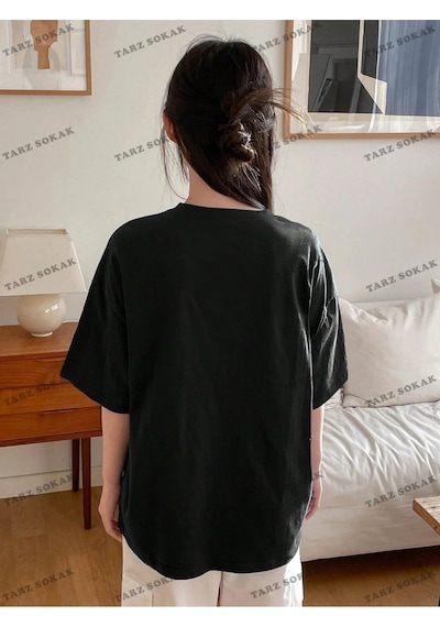 Adrift Good Lucky Baskılı Oversize Kalıp Unisex T-shirt Siyah